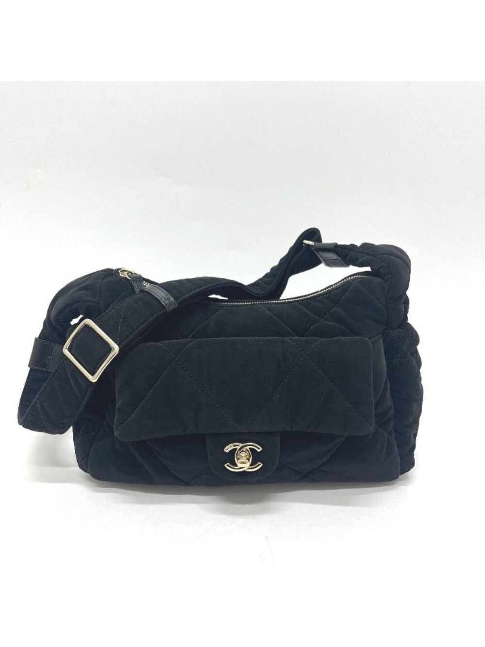 Chanel Shoulder Bag CC Logo Large Bowling Quilted Velvet Black